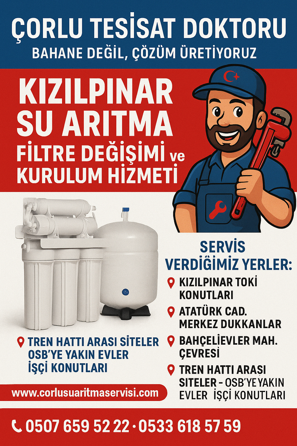 Çorlu Tesisat Doktoru – Kızılpınar Su Arıtma Cihazı Filtre Değişimi ve Kurulum Hizmeti